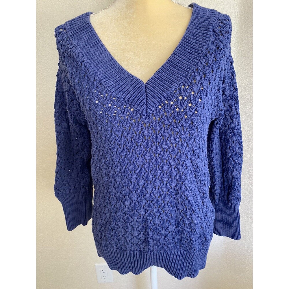 Women’s Banana Republic Pullover Blue V Neck Open Weave Cotton Sweater SZ L